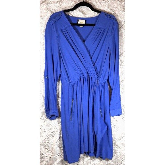 Anthropologie Maeve Dress L Lene Crepe Faux Wrap Pockets Blue Roll Tab Sleeve - Picture 4 of 15
